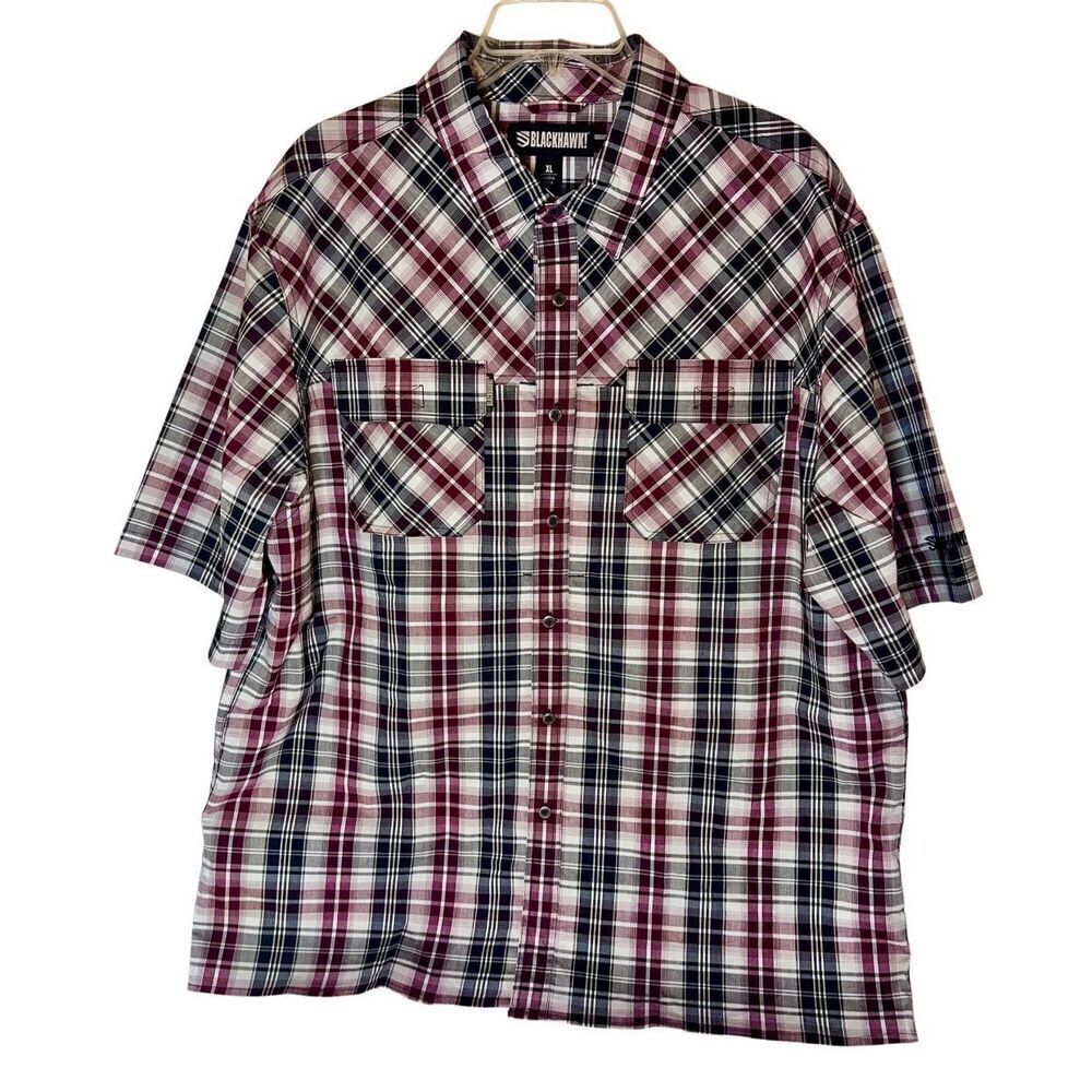 Blackhawk! Men's Warrior Wear Button Shirt Maroon Red Gray Plaid Size XL